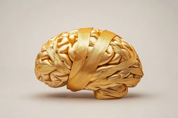Poster - A golden brain wrapped in ribbon showcases creativity and artistic representation located in a minimalist studio setting. Generative AI