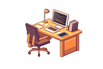 Poster - Stylish ergonomic desk setup with computer and office supplies, ideal for modern work environment. isolated on transparent background.