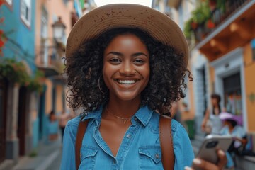 Smiling Black Woman in Blue Shirt and Hat Taking Selfie with Smartphone While Traveling in Europe City on Vacation