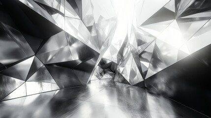 Aufkleber - A unique indoor environment features angular metallic structures with reflective surfaces, creating a dynamic interplay of light and shadows.