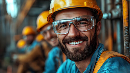 Poster - Smiling construction worker in safety gear at a job site.