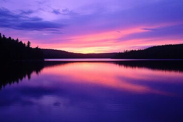 Poster - A serene sunset over a tranquil lake surrounded by forested hills reflecting hues of purple and pink in the water. Generative AI