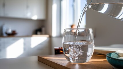 A glass of water is being poured into a glass on a wooden table