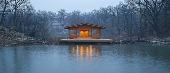 Sticker - Wooden Cabin on a Lake in a Snowy Forest at Dusk