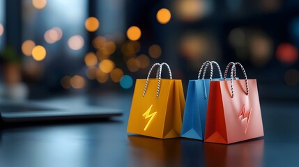 Sleek and modern chrome 3D percent icon with transparent shopping bags and flashing lightning bolts lighting up the dynamic black background representing e commerce digital sales and promotions