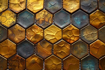 Poster - Colorful hexagonal tiles arranged in a geometric pattern displaying various textures and shades of gold and blue. Generative AI