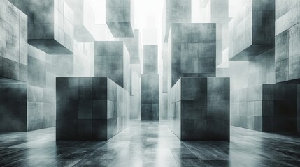 Leinwandbilder - Concrete blocks of various sizes create an abstract composition within a misty environment, enhanced by striking lighting effects that accentuate their textures.