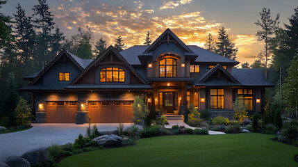 Wall Mural - A modern home illuminated at sunset, surrounded by lush greenery.