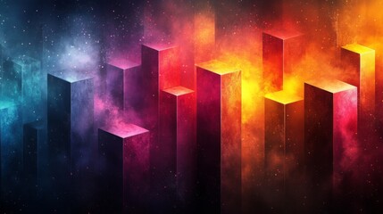 Fototapete - This artwork showcases a stunning arrangement of tall geometric shapes in various hues, blending seamlessly into a starry cosmic backdrop, evoking a sense of depth and wonder.