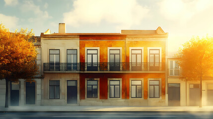 Wall Mural - A charming building facade with autumn trees under soft sunlight.