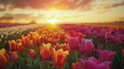 Poster - Sunset Over a Field of Tulips