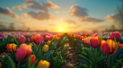 Wall Mural - sunset over tulip field