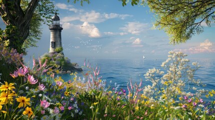 Poster - Lighthouse by the Sea with Blooming Flowers