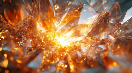 Fototapete - A cluster of orange crystals glimmers brightly, reflecting light in various directions. The vibrant display creates a captivating visual in a natural environment.