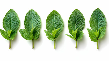 Fresh Mint Leaves in a Row on White Background