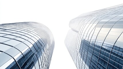 Wide-angle panorama of modern skyscrapers with bold architectural features, isolated on white background