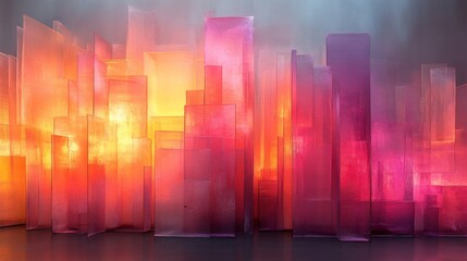 Aufkleber - An abstract representation of a city skyline illuminated by warm pink and orange shades, creating an enchanting ambiance, reminiscent of a vibrant sunset in the city.