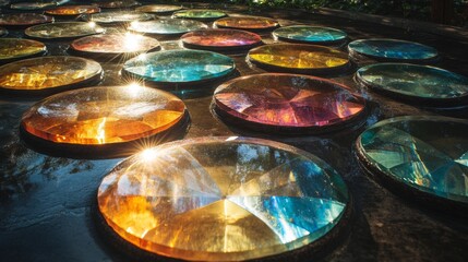 Aufkleber - A series of colorful glass discs are arranged on a smooth surface, reflecting sunlight beautifully. The vibrant colors create a mesmerizing effect in a serene garden environment.