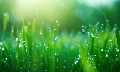 Canvas Print - Close-Up of Fresh Green Grass with Dew Drops in Morning Sunlight, Nature Background with Bokeh Effect