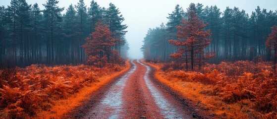 Poster - A Winding Path Through a Misty Forest in Autumn
