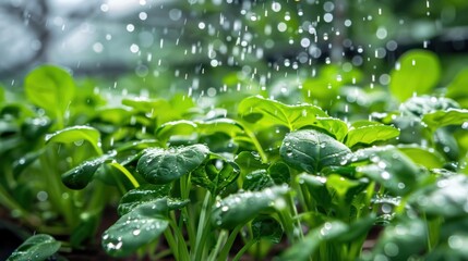 Poster - Fresh Green Spinach Under Rain