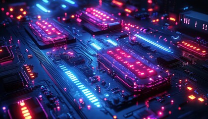 Poster - Futuristic Circuit Board with Glowing LEDs