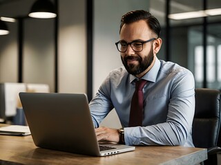 One day in an office a man was working at his desk using his laptop.