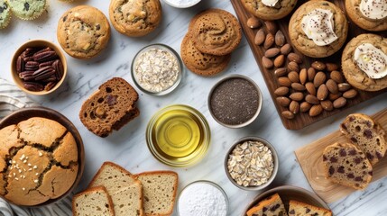 A lineup of various baked goods including muffins cookies and bread all made with avocado oil and labeled with their healthy ingredients.