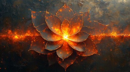 Fototapete - A lotus flower with vibrant, glowing petals radiates warmth and light, set against a dark, textured backdrop, creating a striking contrast that draws attention.