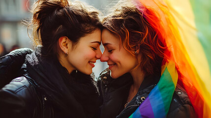 Two women sharing a joyful moment with a rainbow flag.