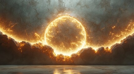Poster - The scene captures a radiant sun breaking through thick, textured clouds, illuminating the surroundings with a warm glow typical of sunset or sunrise.