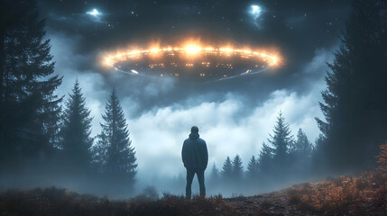 Poster - A mysterious figure gazes at a hovering UFO in a foggy forest.