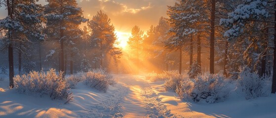 Poster - Snow-Covered Forest Path at Golden Sunset