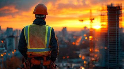 Wall Mural - Worker overlooking a cityscape at sunset, symbolizing construction.