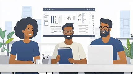 Collaborative teamwork in a modern office environment showcasing data analysis and creative problem solving