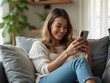 © Blind  - woman texting on phone, Happy woman using smart phone while relaxing on sofa. Generated AI
