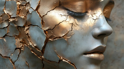 Canvas Print - A close-up of a cracked, metallic face sculpture with golden accents.