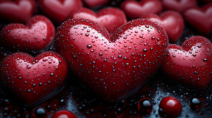 Sticker - A collection of shiny red hearts with water droplets.