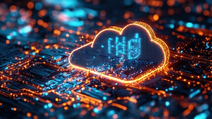 Aufkleber - A glowing cloud icon displayed on a circuit board