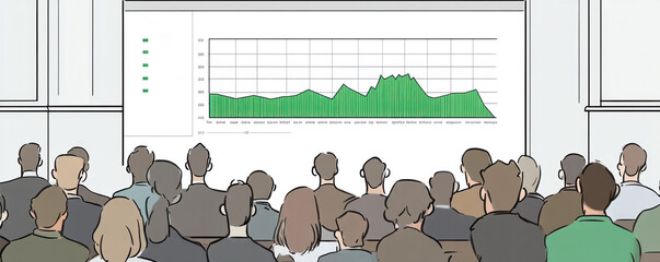 Poster - a large group of people are sitting in a room and looking at a large graph on a wall