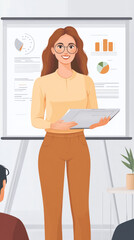 Poster - A woman is standing in front of a white board with a smile on her face. She is holding a laptop and a clipboard. Concept of professionalism and confidence