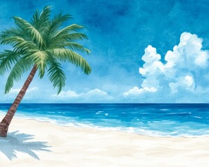 A serene beach scene with a palm tree and tranquil ocean waves.