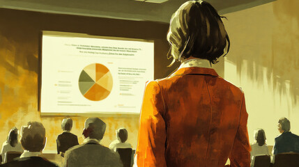 Poster - A woman stands in front of a large screen with a pie chart on it. She is wearing an orange jacket and is looking at the screen. The people in the background are sitting in chairs