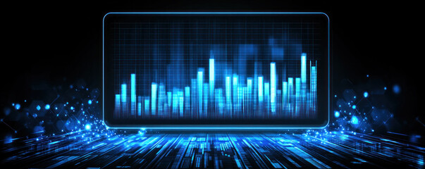 Poster - A blue screen with a graph of numbers and a city skyline. Concept of technology and progress, with the graph representing data and the skyline symbolizing urban development
