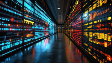 Poster - A long hallway with many computer monitors on the wall. The monitors are all different colors and sizes