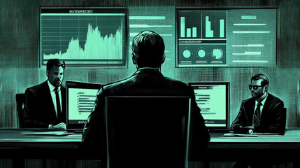 Poster - A man sits at a desk in front of a computer monitor with a man in a suit sitting behind him. The man in the suit is wearing a tie and glasses