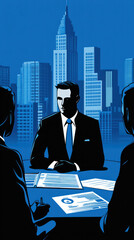 A man in a suit sits at a table with two other men. The man in the suit is wearing a tie and he is a businessman. The image is of a city skyline in the background