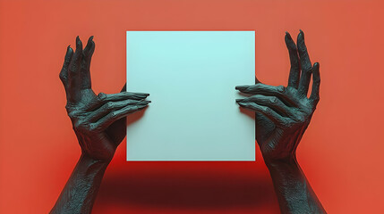 Poster - Claws Holding a Blank White Sign on Red Background - Creepy, Spooky, Surreal, Abstract