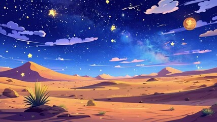 Wall Mural - cartoon starry sky over desert