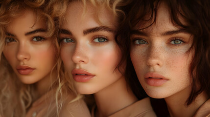 Wall Mural - Three women with diverse hairstyles and makeup in a close-up shot.